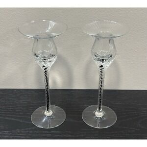 Pair Vintage Handblown Crystalox Belfor Bohemia Candlesticks Black Ribbon Stem